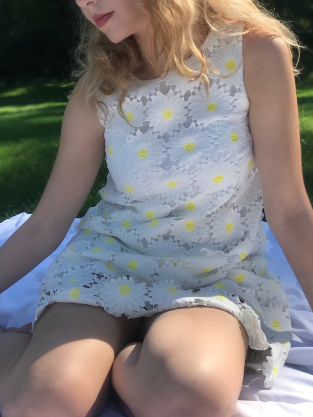 Altar'd State White Daisy Lace Mini Dress with Yellow Centers